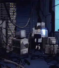 anime girl at computer in dark room