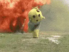Pikachu running from explosion