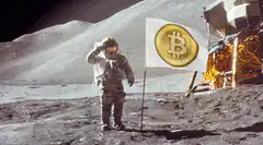 Astronaut saluting Bitcoin flag on the moon
