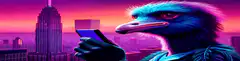 Blue bird looking at phone in neon city