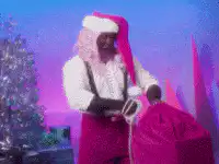 Santa Claus dancing with a sack