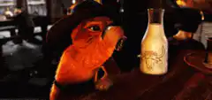 Puss in Boots drinks milk and says I hate Mondays