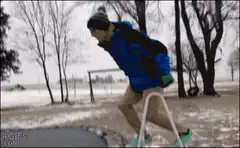 Person falls off trampoline into snow