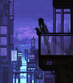 pixel art person on balcony at night