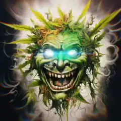Trippy green face morphing into Bitcoin