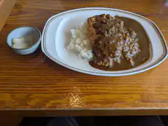 plate of rice and curry with pickled garlic