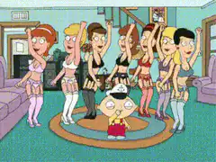 Family Guy Stewie surrounded by dancing women