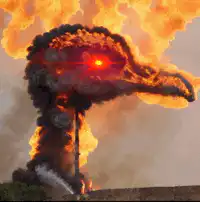 Dodo bird engulfed in flames with glowing red eye