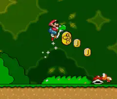 Mario riding Yoshi jumping over enemies