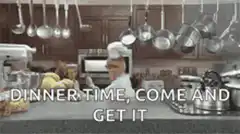 Chef in kitchen with dinner time text