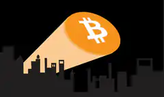 Bitcoin spotlight on city skyline