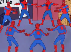 Spider-Man pointing at each other