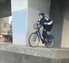 Man falls off bike on ledge