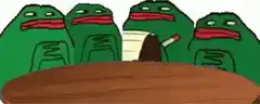 Four green frogs sitting at a table
