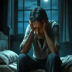 Man sitting on bed holding head in distress