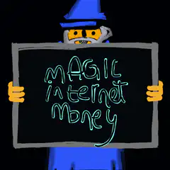Wizard holding magic internet money sign