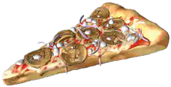 Pizza slice with coins and worms