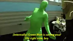 Green Man dancing in front of RV
