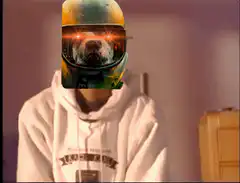 Dog in helmet transforms into Doberman