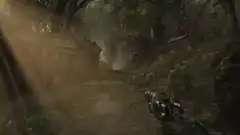 First person view of a gun firing in a forest