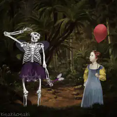 Skeleton fairy dances with girl and balloon