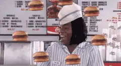 woman surrounded by floating burgers