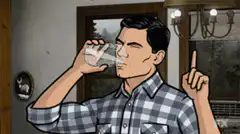 Man drinking water and pointing