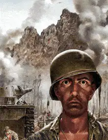 Soldier staring at war scene