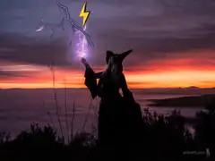 Wizard casting lightning spell at sunset