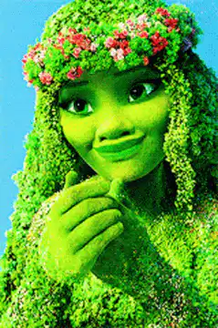 Green woman covered in flowers