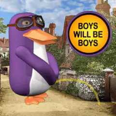 Purple penguin pees on sign