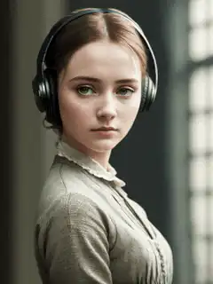 Girl in vintage dress with headphones