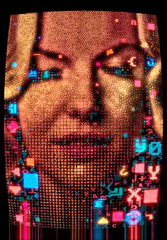 Matrix-style digital face with glitching symbols