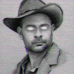Man in hat with glowing purple eyes