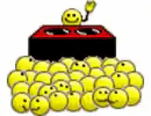 Smiley face crowd with one raising hand