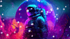 Astronaut in colorful space with snowflakes