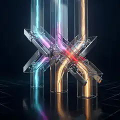 Futuristic glass X structure with glowing beams