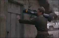 Duke Nukem knocks door with rocket launcher