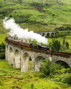 Steam train on viaduct in green hills