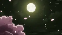 Pink petals falling past the moon