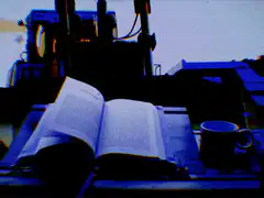 open book and coffee on tractor
