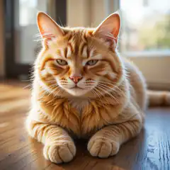 Orange tabby cat lying on wood floor