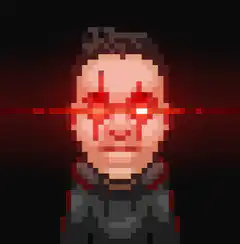 Pixel man with glowing red eyes