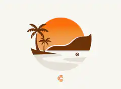 Tropical sunset logo with palm trees and boat