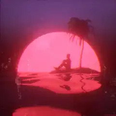 Silhouette sitting on island with pink sun