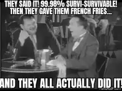 Two men laughing at table meme