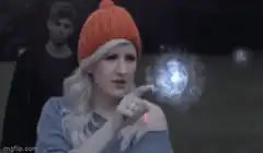 Woman points at glowing orb with text overlays