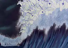 Unicorns riding a giant wave