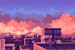pixel art city sunset