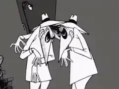 Two characters with long noses leaning in